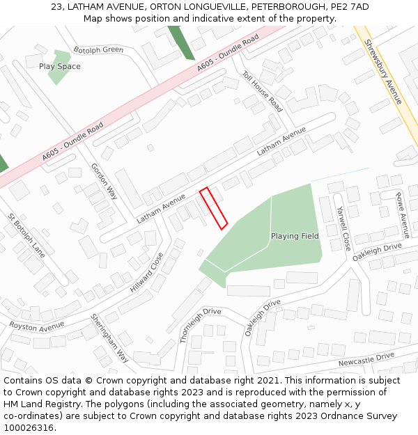 23, LATHAM AVENUE, ORTON LONGUEVILLE, PETERBOROUGH, PE2 7AD: Location map and indicative extent of plot