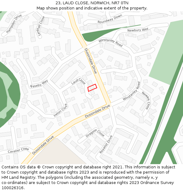 23, LAUD CLOSE, NORWICH, NR7 0TN: Location map and indicative extent of plot