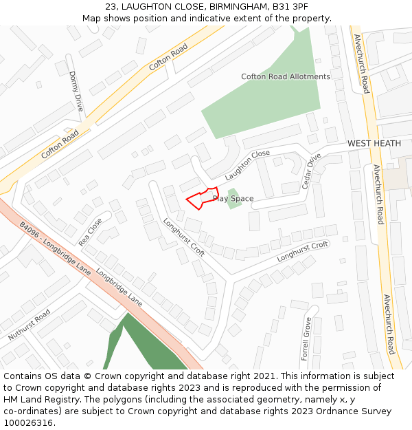 23, LAUGHTON CLOSE, BIRMINGHAM, B31 3PF: Location map and indicative extent of plot