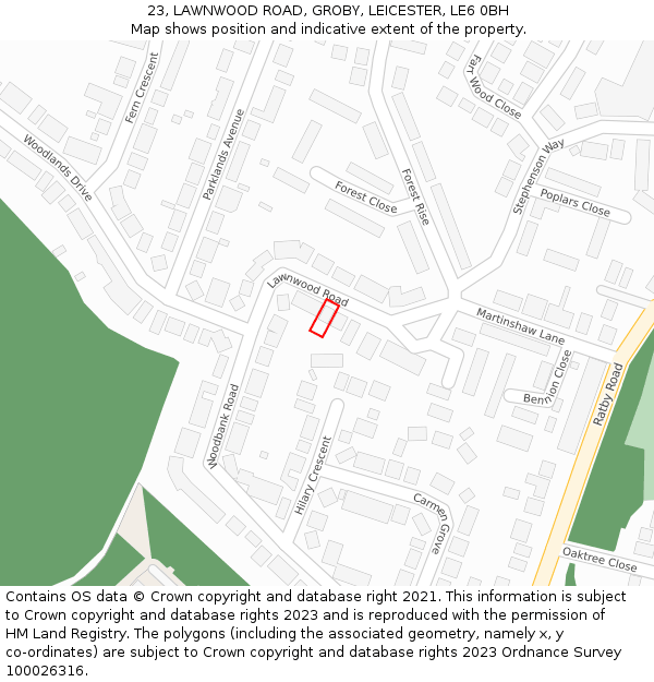 23, LAWNWOOD ROAD, GROBY, LEICESTER, LE6 0BH: Location map and indicative extent of plot