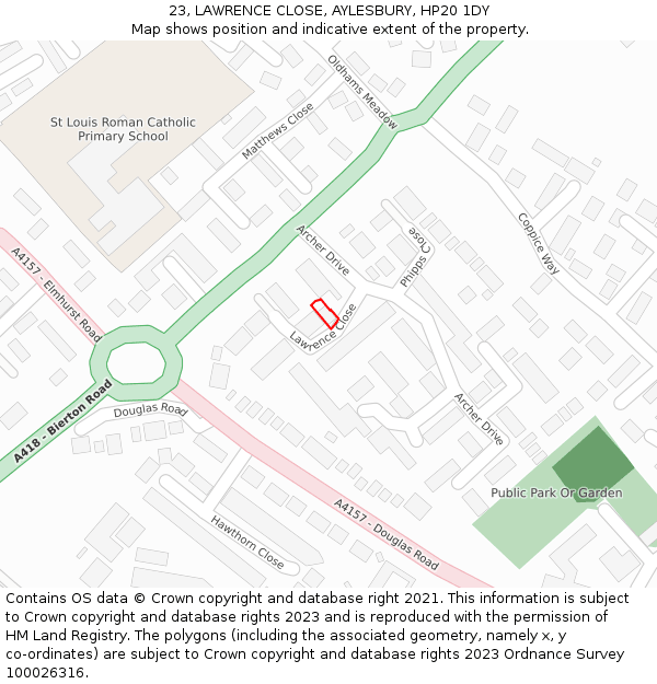 23, LAWRENCE CLOSE, AYLESBURY, HP20 1DY: Location map and indicative extent of plot