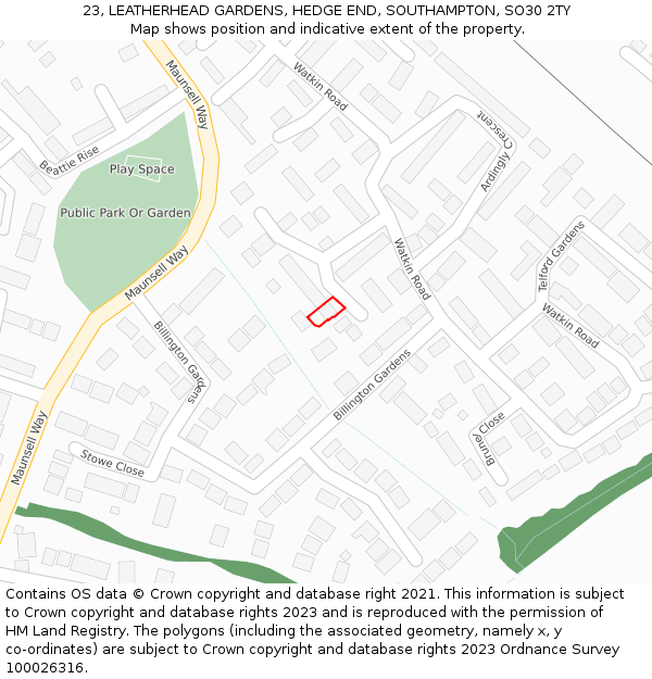 23, LEATHERHEAD GARDENS, HEDGE END, SOUTHAMPTON, SO30 2TY: Location map and indicative extent of plot