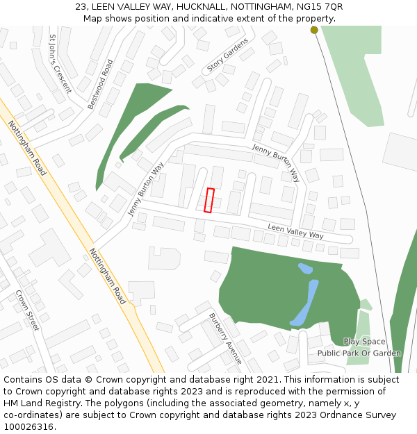 23, LEEN VALLEY WAY, HUCKNALL, NOTTINGHAM, NG15 7QR: Location map and indicative extent of plot