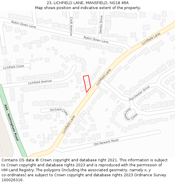 23, LICHFIELD LANE, MANSFIELD, NG18 4RA: Location map and indicative extent of plot