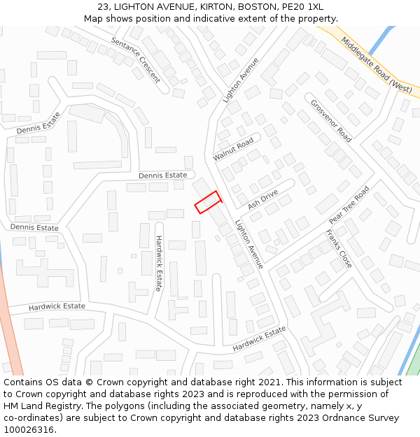 23, LIGHTON AVENUE, KIRTON, BOSTON, PE20 1XL: Location map and indicative extent of plot