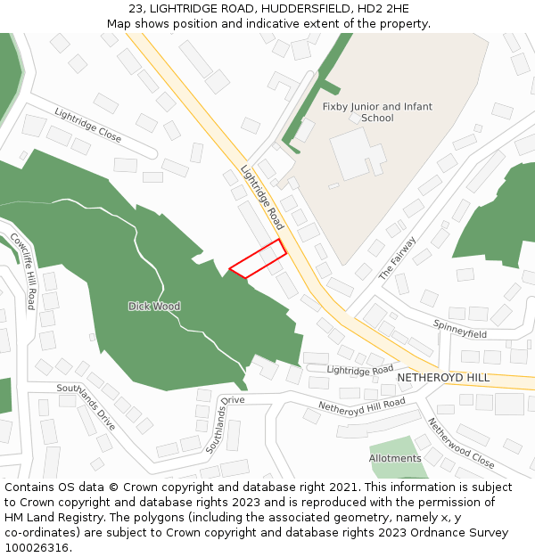 23, LIGHTRIDGE ROAD, HUDDERSFIELD, HD2 2HE: Location map and indicative extent of plot