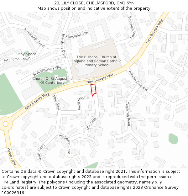 23, LILY CLOSE, CHELMSFORD, CM1 6YN: Location map and indicative extent of plot