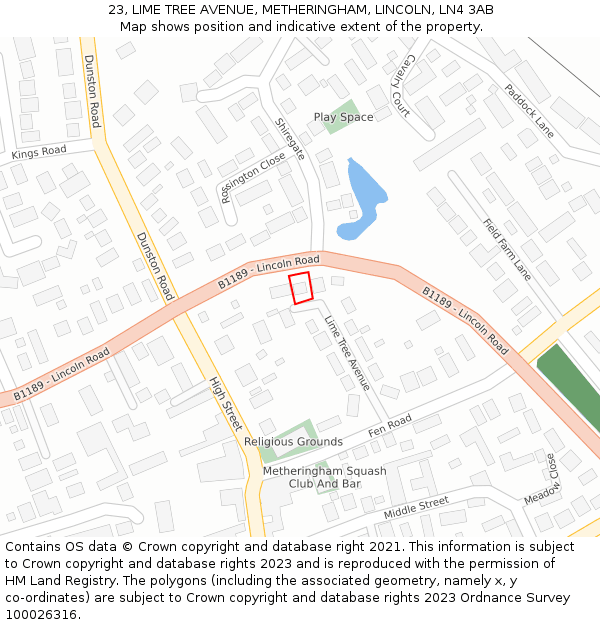 23, LIME TREE AVENUE, METHERINGHAM, LINCOLN, LN4 3AB: Location map and indicative extent of plot