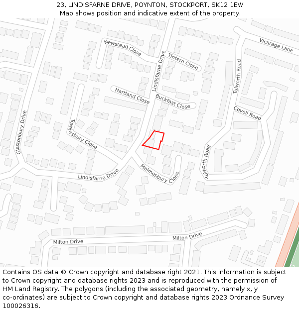 23, LINDISFARNE DRIVE, POYNTON, STOCKPORT, SK12 1EW: Location map and indicative extent of plot