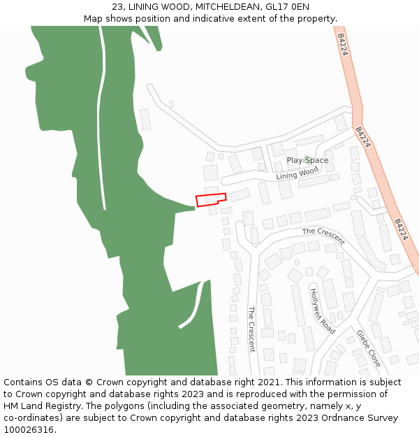 23, LINING WOOD, MITCHELDEAN, GL17 0EN: Location map and indicative extent of plot