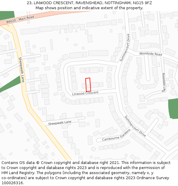23, LINWOOD CRESCENT, RAVENSHEAD, NOTTINGHAM, NG15 9FZ: Location map and indicative extent of plot