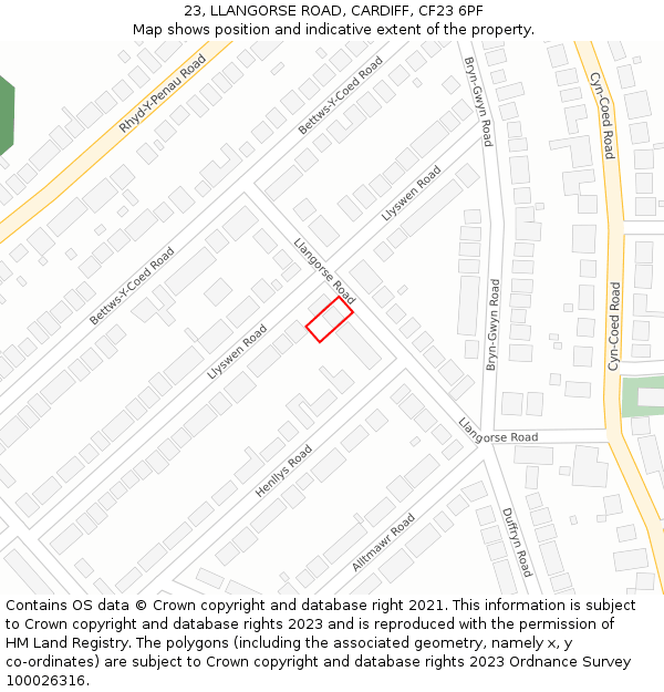 23, LLANGORSE ROAD, CARDIFF, CF23 6PF: Location map and indicative extent of plot