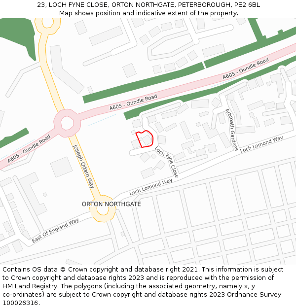 23, LOCH FYNE CLOSE, ORTON NORTHGATE, PETERBOROUGH, PE2 6BL: Location map and indicative extent of plot