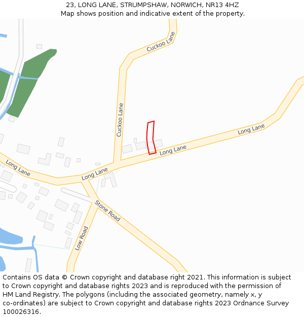 23, LONG LANE, STRUMPSHAW, NORWICH, NR13 4HZ: Location map and indicative extent of plot