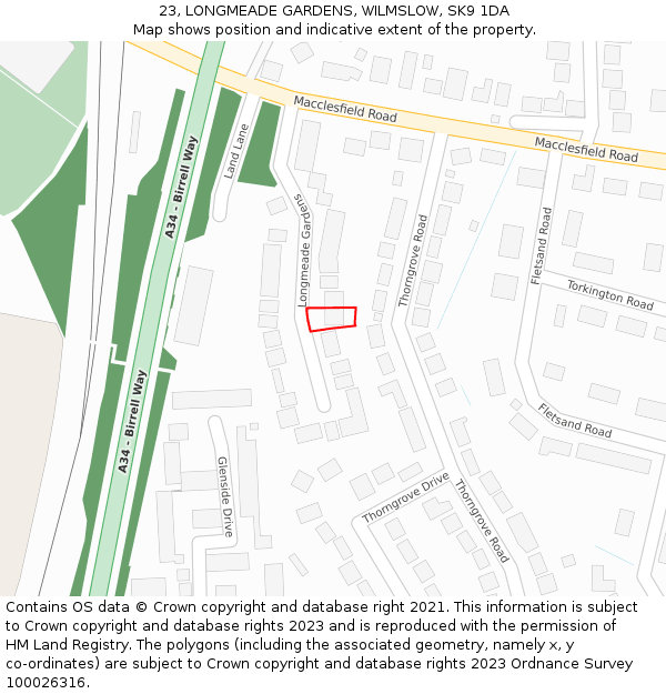 23, LONGMEADE GARDENS, WILMSLOW, SK9 1DA: Location map and indicative extent of plot