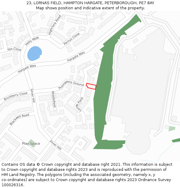 23, LORNAS FIELD, HAMPTON HARGATE, PETERBOROUGH, PE7 8AY: Location map and indicative extent of plot
