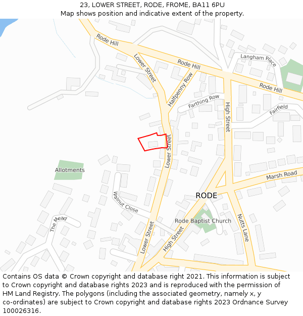 23, LOWER STREET, RODE, FROME, BA11 6PU: Location map and indicative extent of plot