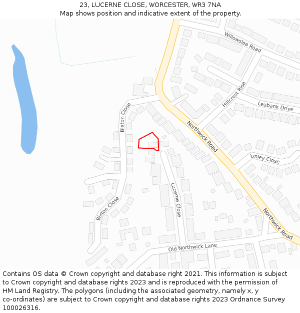 23, LUCERNE CLOSE, WORCESTER, WR3 7NA: Location map and indicative extent of plot