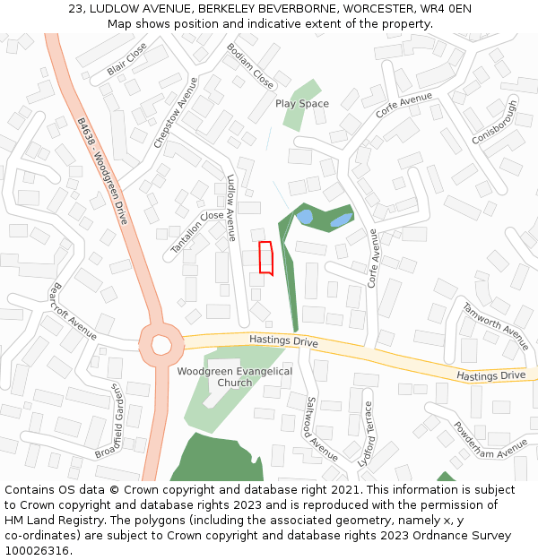 23, LUDLOW AVENUE, BERKELEY BEVERBORNE, WORCESTER, WR4 0EN: Location map and indicative extent of plot