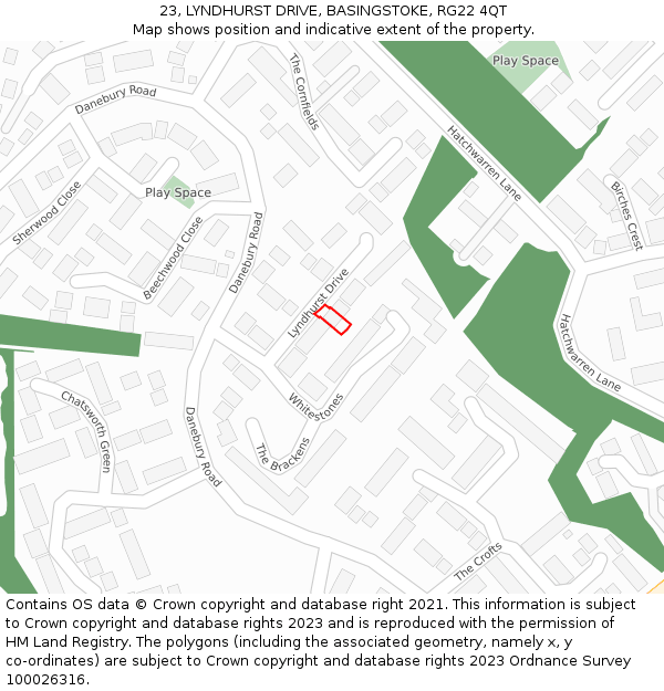 23, LYNDHURST DRIVE, BASINGSTOKE, RG22 4QT: Location map and indicative extent of plot