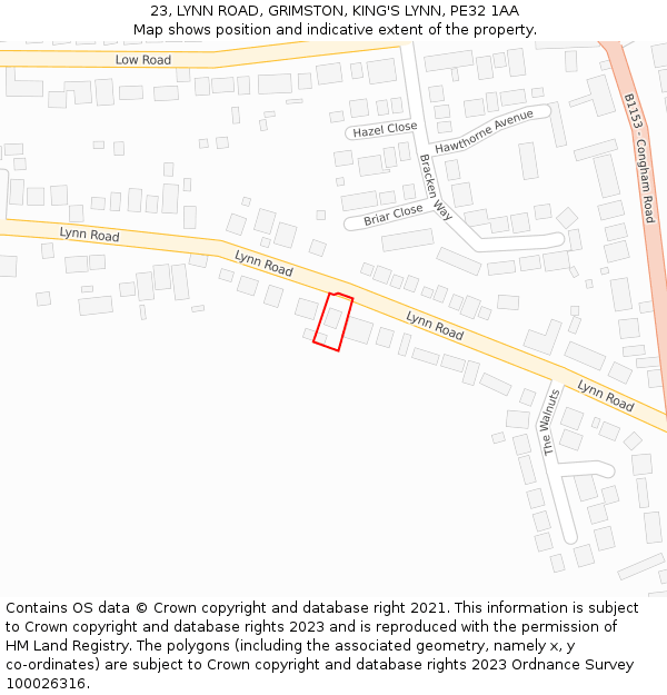 23, LYNN ROAD, GRIMSTON, KING'S LYNN, PE32 1AA: Location map and indicative extent of plot