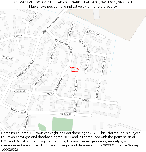 23, MACKMURDO AVENUE, TADPOLE GARDEN VILLAGE, SWINDON, SN25 2TE: Location map and indicative extent of plot
