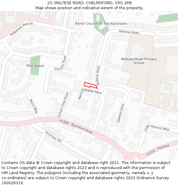 23, MALTESE ROAD, CHELMSFORD, CM1 2PB: Location map and indicative extent of plot