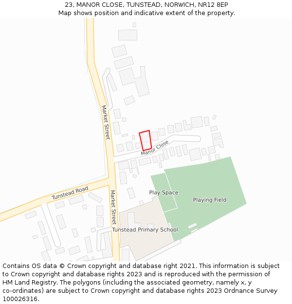 23, MANOR CLOSE, TUNSTEAD, NORWICH, NR12 8EP: Location map and indicative extent of plot