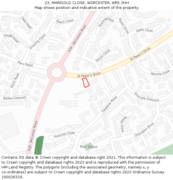 23, MARIGOLD CLOSE, WORCESTER, WR5 3HH: Location map and indicative extent of plot