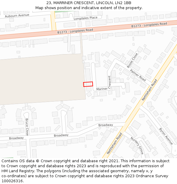 23, MARRINER CRESCENT, LINCOLN, LN2 1BB: Location map and indicative extent of plot