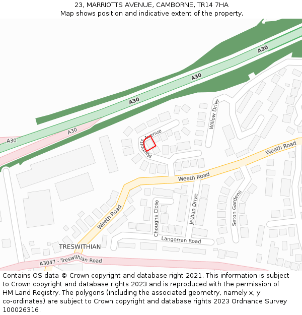 23, MARRIOTTS AVENUE, CAMBORNE, TR14 7HA: Location map and indicative extent of plot