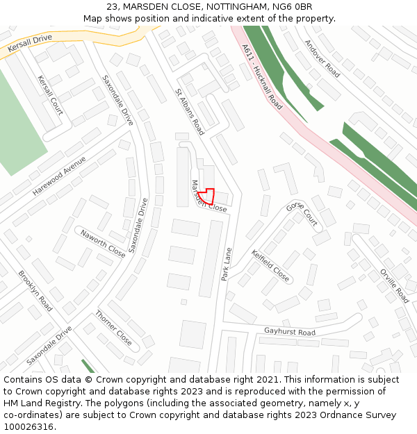 23, MARSDEN CLOSE, NOTTINGHAM, NG6 0BR: Location map and indicative extent of plot