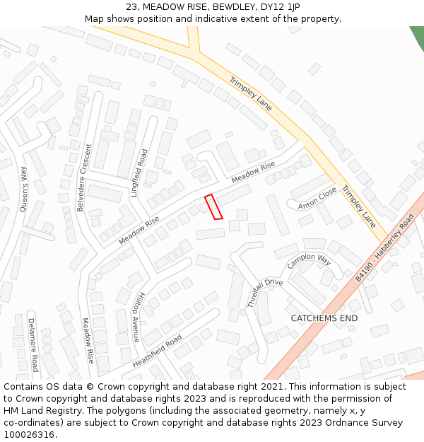 23, MEADOW RISE, BEWDLEY, DY12 1JP: Location map and indicative extent of plot