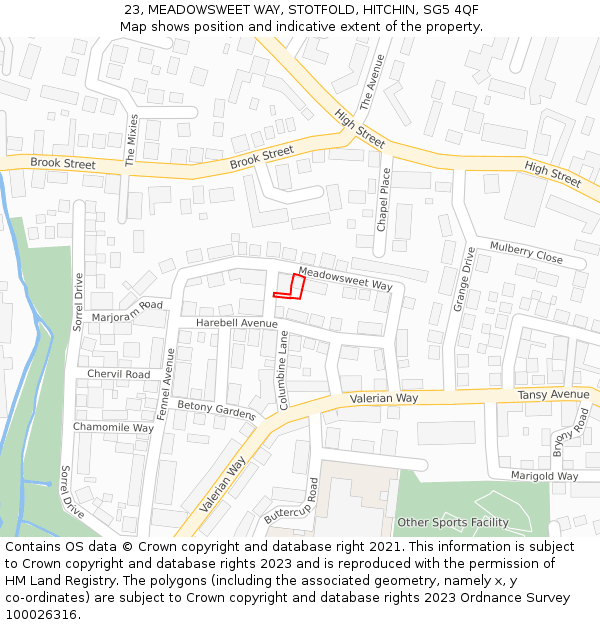 23, MEADOWSWEET WAY, STOTFOLD, HITCHIN, SG5 4QF: Location map and indicative extent of plot