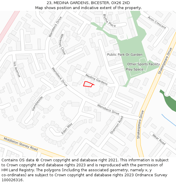 23, MEDINA GARDENS, BICESTER, OX26 2XD: Location map and indicative extent of plot