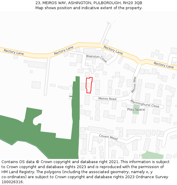 23, MEIROS WAY, ASHINGTON, PULBOROUGH, RH20 3QB: Location map and indicative extent of plot
