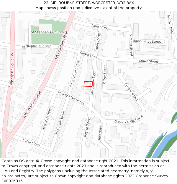 23, MELBOURNE STREET, WORCESTER, WR3 8AX: Location map and indicative extent of plot