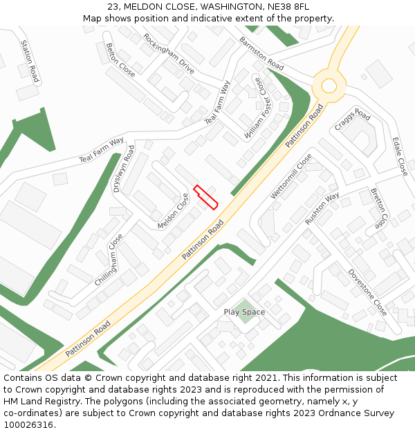 23, MELDON CLOSE, WASHINGTON, NE38 8FL: Location map and indicative extent of plot