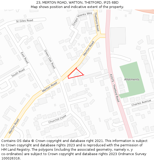 23, MERTON ROAD, WATTON, THETFORD, IP25 6BD: Location map and indicative extent of plot