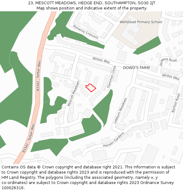 23, MESCOTT MEADOWS, HEDGE END, SOUTHAMPTON, SO30 2JT: Location map and indicative extent of plot