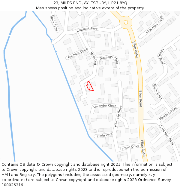 23, MILES END, AYLESBURY, HP21 8YQ: Location map and indicative extent of plot
