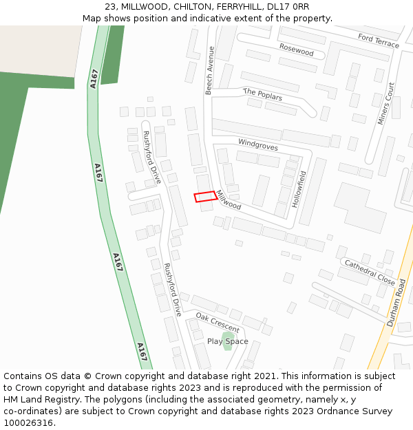 23, MILLWOOD, CHILTON, FERRYHILL, DL17 0RR: Location map and indicative extent of plot