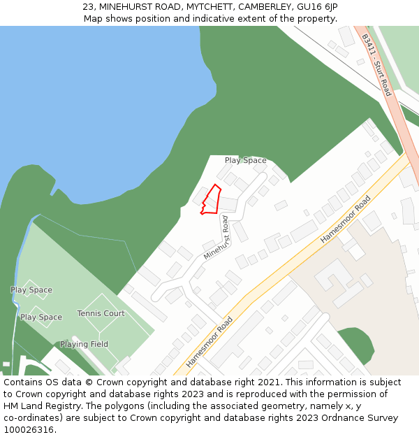 23, MINEHURST ROAD, MYTCHETT, CAMBERLEY, GU16 6JP: Location map and indicative extent of plot