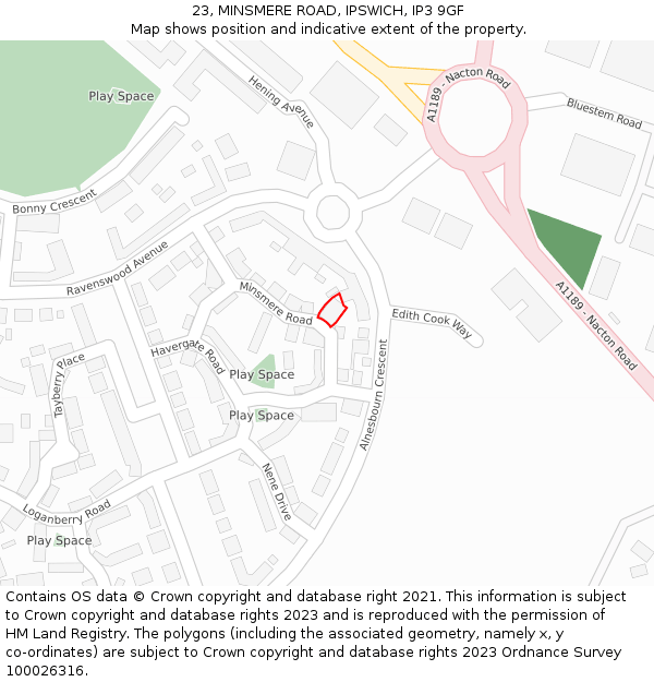23, MINSMERE ROAD, IPSWICH, IP3 9GF: Location map and indicative extent of plot