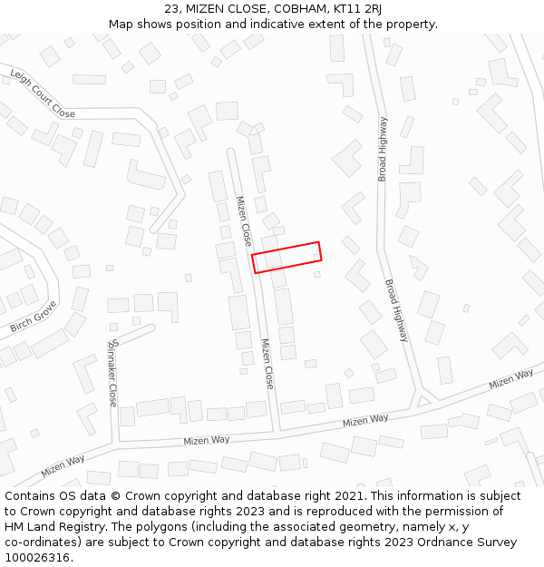 23, MIZEN CLOSE, COBHAM, KT11 2RJ: Location map and indicative extent of plot