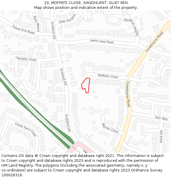 23, MOFFATS CLOSE, SANDHURST, GU47 9EN: Location map and indicative extent of plot