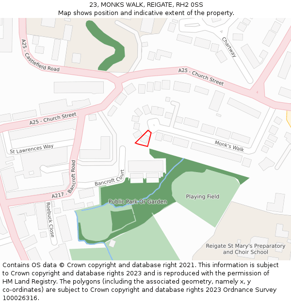 23, MONKS WALK, REIGATE, RH2 0SS: Location map and indicative extent of plot