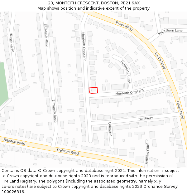 23, MONTEITH CRESCENT, BOSTON, PE21 9AX: Location map and indicative extent of plot