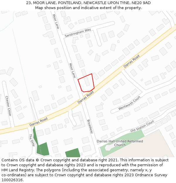 23, MOOR LANE, PONTELAND, NEWCASTLE UPON TYNE, NE20 9AD: Location map and indicative extent of plot