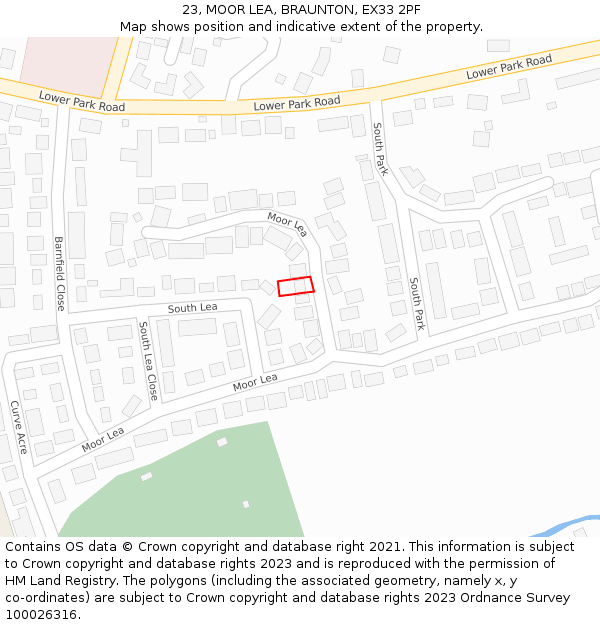 23, MOOR LEA, BRAUNTON, EX33 2PF: Location map and indicative extent of plot
